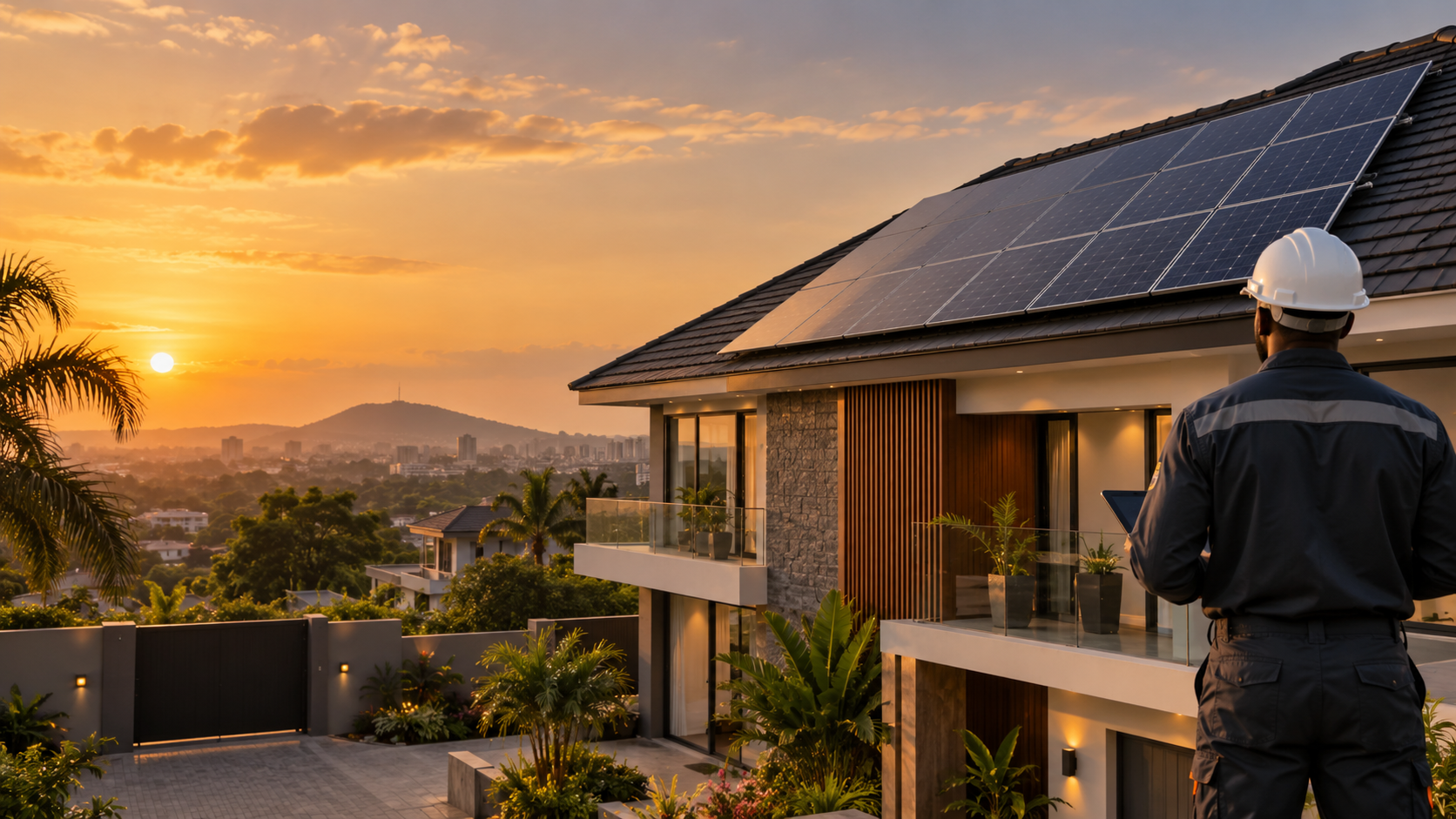 Solar technician inspecting rooftop panels on a modern Nigerian home